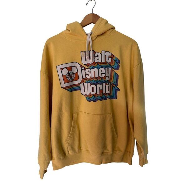 Walt Disney World Retro Unisex Rainbow Spell Out Yellow 70’s Disney Hoodie Large - Picture 3 of 10